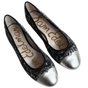 Like New Sam Edelman Sara Leather Tweed Flats Black Silver Size 7.5